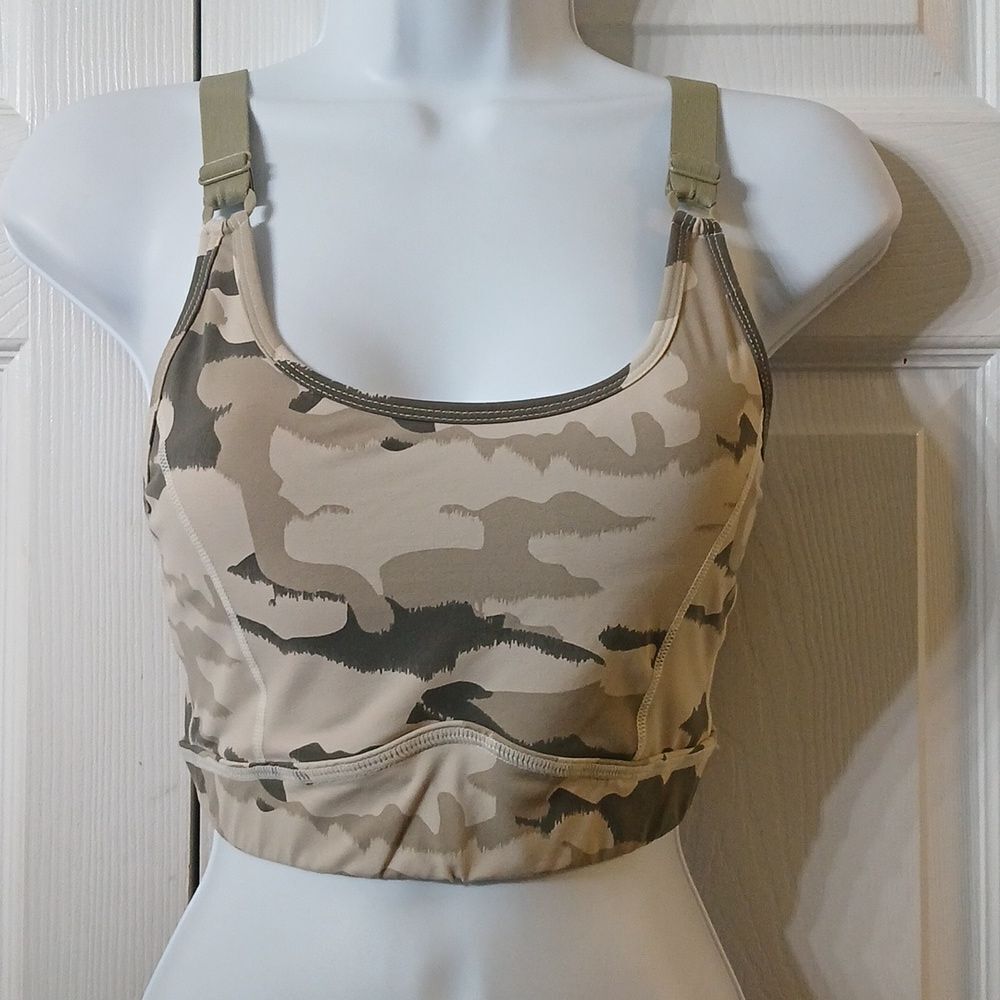 Mono B green tan camo high impact sports bra adjustable straps Sz S NWOT